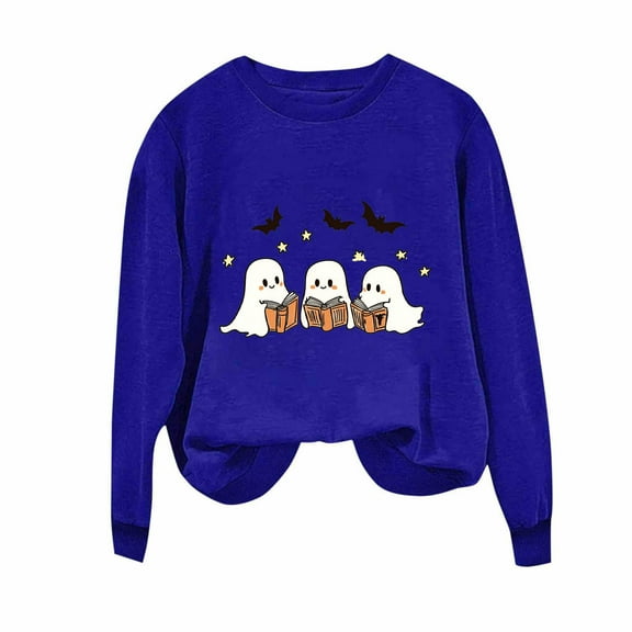 Womens Fall Graphic Sweatshirts Ghost Halloween Crew Neck Pullover Sweat Shirts Loose Long Sleeve Fleece Lined Tops Blue, M