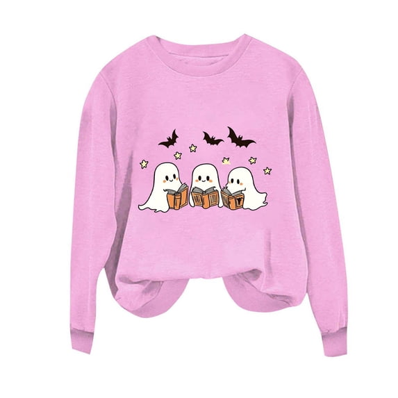 Womens Fall Graphic Sweatshirts Ghost Halloween Crew Neck Pullover Sweat Shirts Loose Long Sleeve Fleece Lined Tops Pink, M