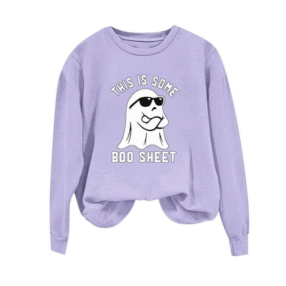 Womens Fall Graphic Sweatshirts Ghost Halloween Crew Neck Pullover Sweat Shirts Loose Long Sleeve Fleece Lined Tops Purple, XL