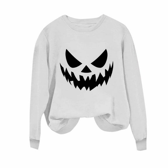 Womens Fall Graphic Sweatshirts Ghost Halloween Crew Neck Pullover Sweat Shirts Loose Long Sleeve Fleece Lined Tops White, L
