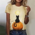 thumbnail image 1 of Womens Fall Graphic Tees Cute Cat and Pumpkin Print T-Shirts Short Sleeve Round Neck Halloween Tops Casual Holiday Blouse Season Festival Wear, 1 of 6