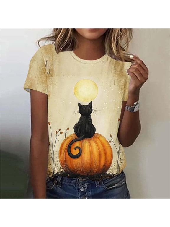 Womens Fall Graphic Tees Cute Cat and Pumpkin Print T-Shirts Short Sleeve Round Neck Halloween Tops Casual Holiday Blouse Season Festival Wear