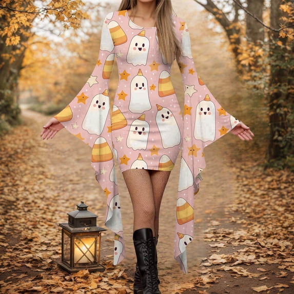 Womens Fall Halloween Dress Ghost Pumpkin Print Spooky Graphic Long Irregular Sleeve Crew Neck Flowy Dresses Blue 3 XXL