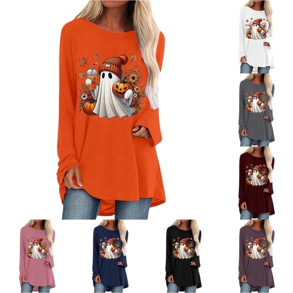 Womens Fall Halloween Shirt Women's Halloween Graphic Print Long Sleeve Top for Everyday Casual Round Neck Comfortably Soft Women’s T Shirt Orange 3XL