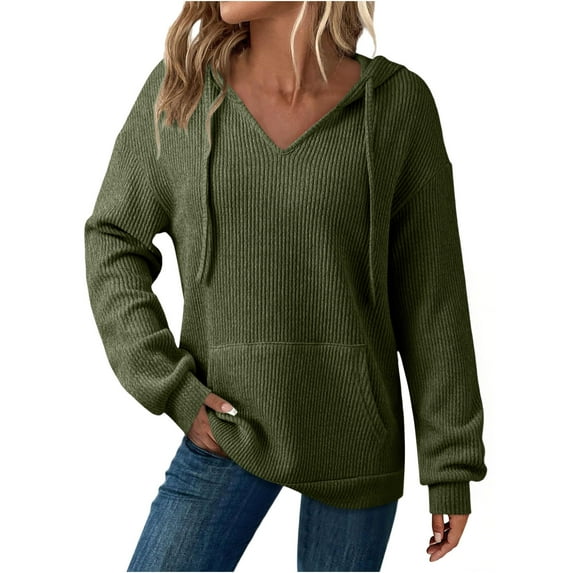Womens Fall Hoodies Oversized Sweatshirts Ribbed Knit Long Sleeve Drawstring V Neck Casual Pullover Sweatshirt Hooded Tops with Pockets