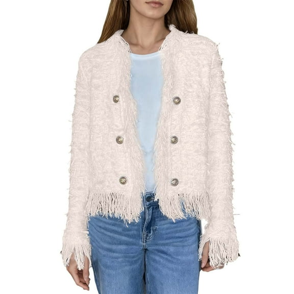 Womens Fall Jacket Elegant Fringe Trim Double Cropped Tassel Outwears Jackets White