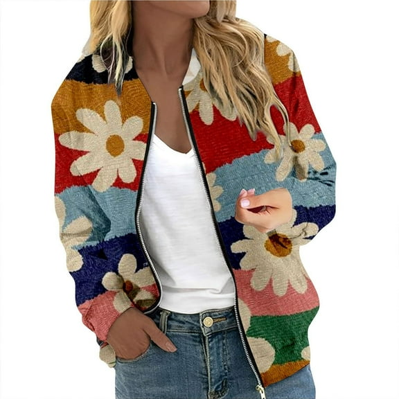 Womens Fall Jacket Floral Print Patchwork Bomber Fashion Long Sleeve Baseball Loose Fit Lightweight Outerwear