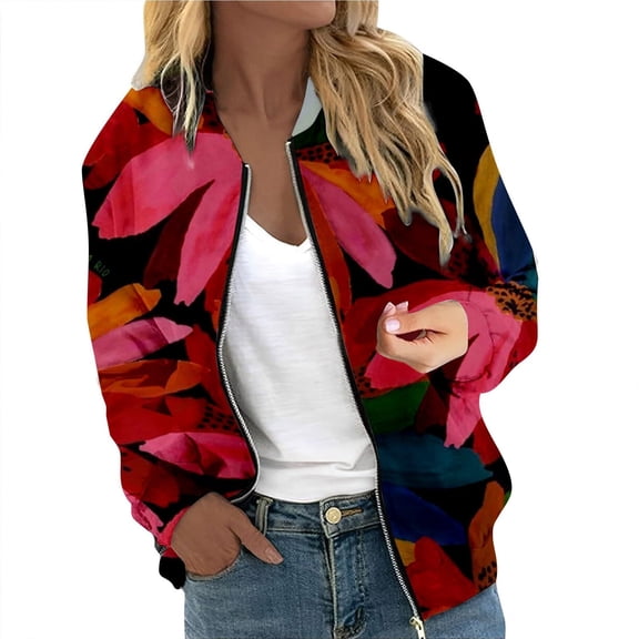 Womens Fall Jacket Floral Windbreaker Long Sleeve ZiP Up Loose Casual Bomber Vintage Trendy Coat