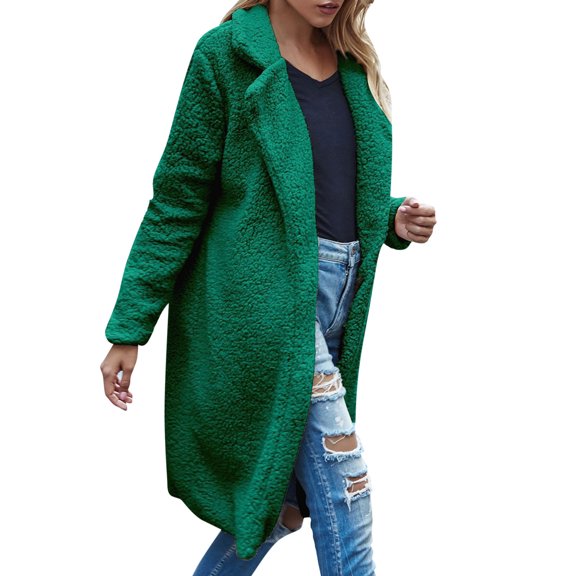 Womens Fall Jacket Long Sherpa Coat Elegant Fuzzy Trench Open Front Mid-Long Fall Jacket