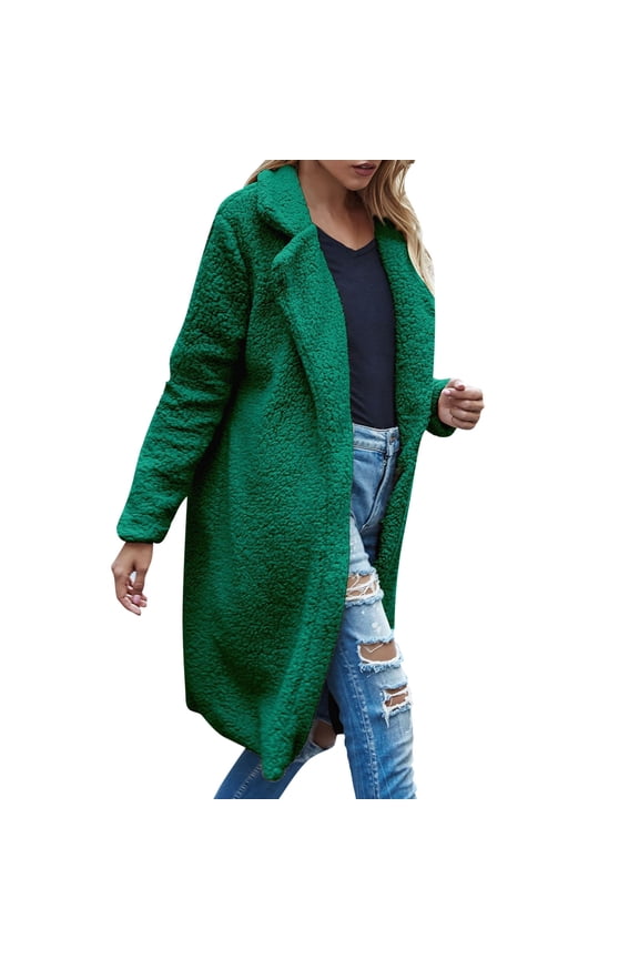 Womens Fall Jacket Long Sherpa Coat Elegant Fuzzy Trench Open Front Mid-Long Fall Jacket