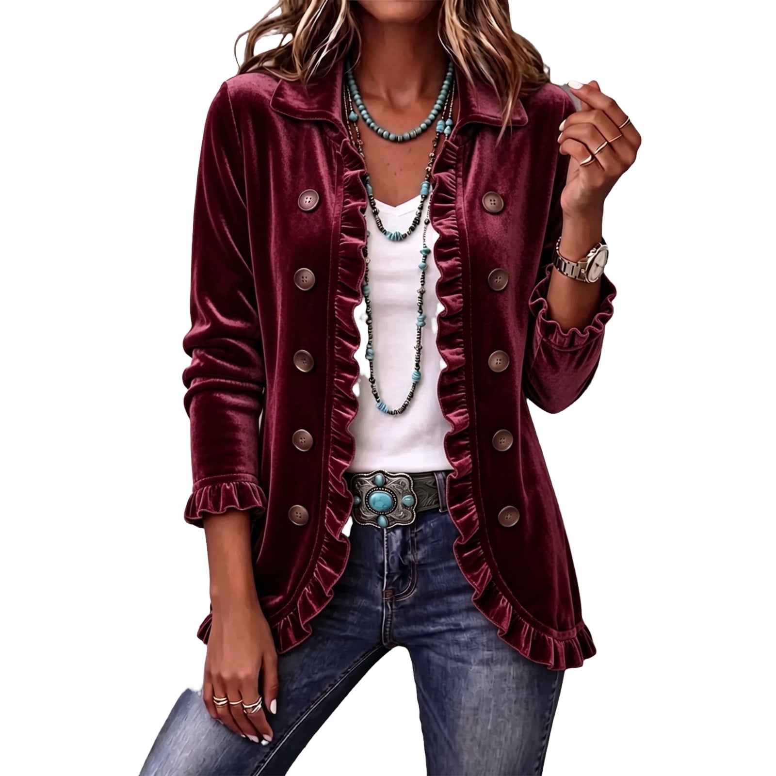 Womens Fall Jacket Long Sleeve Double Breasted Ruffle Trim Oversized ...