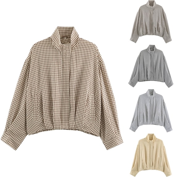 Womens Fall Jacket Long Sleeve Zip Up Plaid Casual Coats Lapel Cropped Work Basic Soft Trendy Bomber Jackets with Pockets Light Brown M