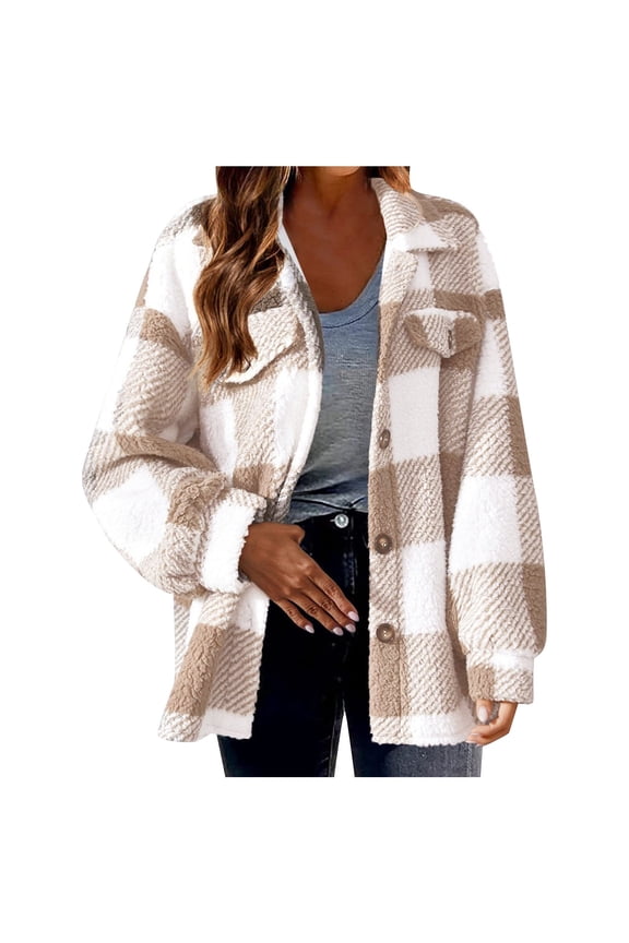 Womens Fall Jacket Wool Lamb Plaid Shirts Long Sleeve Flannel Lapel Button Down Cardigan Boyfriend Shacket Lightweight Jacket