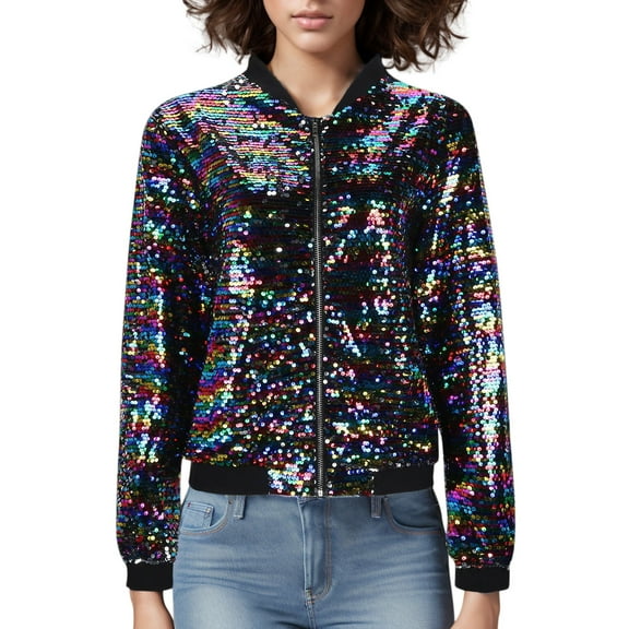 Womens Fall Jacket Zipper Sequin Cropped Oversize Long Sleeve Open Front Party Club Bomber Trendy Jacket