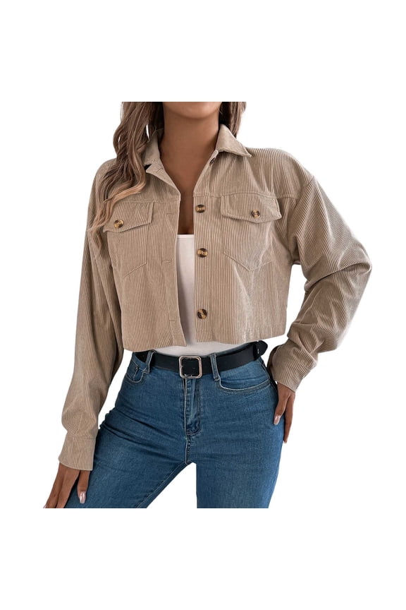 Womens Fall Jackets Cropped Shacket Button Down Corduroy Short Jacket Solid Long Sleeve Lapel With Pocket Lightweight Coats