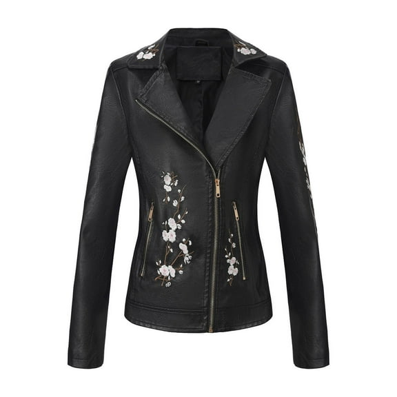 Womens Fall Jackets Floral Embroidery Faux Leather Punk Moto Biker Zip Up Lapel Slim Fall Coat