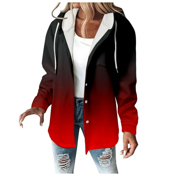 Womens Fall Jackets Gradient Drawstrinf Zipper Hoodie With Pocket Button Down Loose Casual Hooded Lightweight Jackets