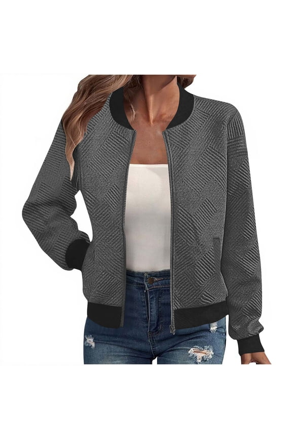 Womens Fall Jackets Loose Long Sleeved Sweatshirt Zipper Jacket Casual Coarse Knitted Baseball Jacket Comfortable Warm Solid color Lightweight Jacket Thermal Round Neck Ribbed Pullover