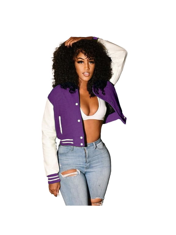 Womens Fall Jackets Patchwork Cropped Varsity Jacket y2k Button Down Stand Collar Bomber Slim Fall Coat