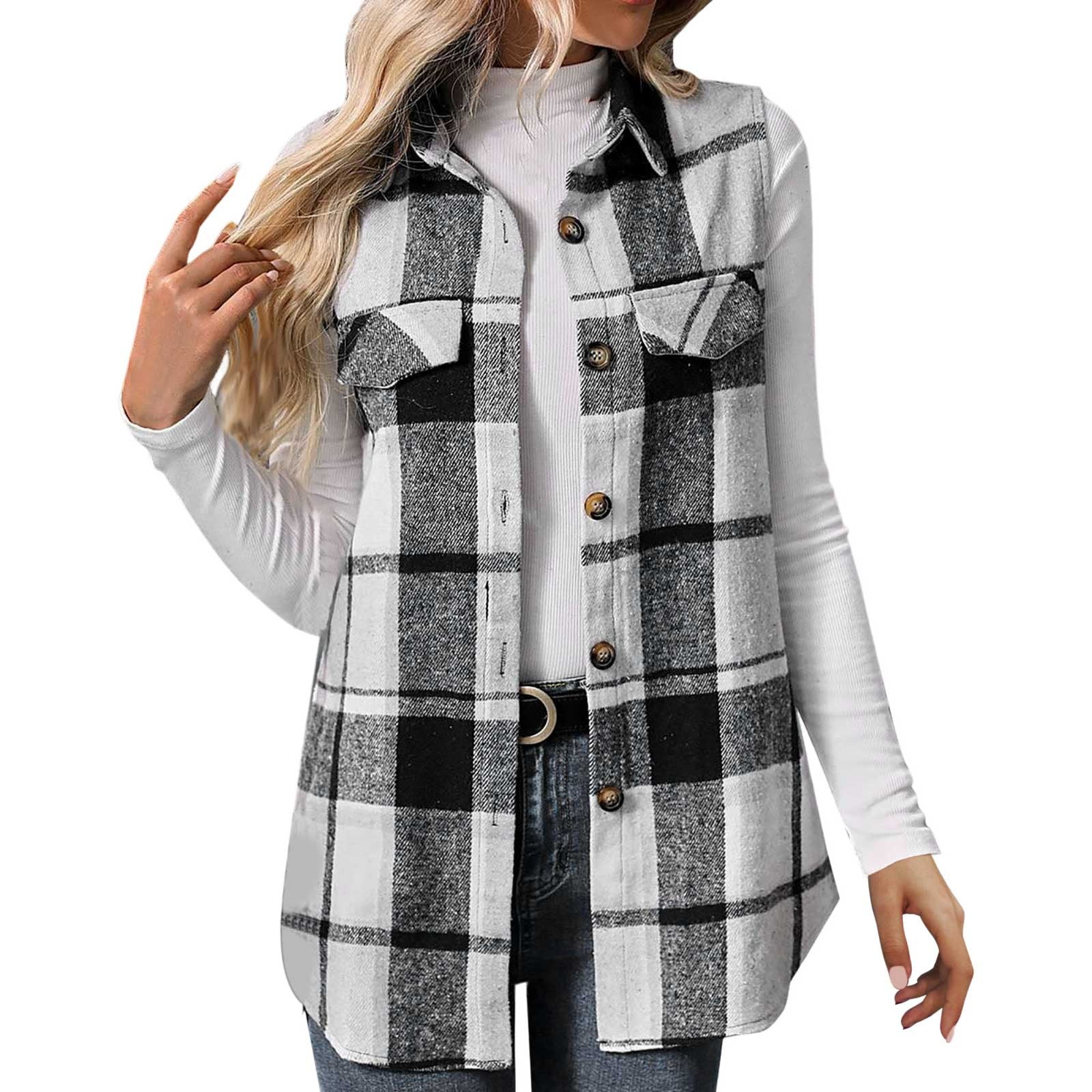 Womens Fall Jackets Sleeveless Plaid Wool Vest Button Down Lapel Blazer Fall Coat