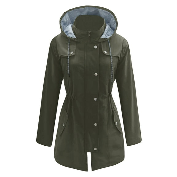 Womens Fall Jackets Solid Hooded Raincoat Button Zipper Drawstring Hooded Windbreaker Windproof Waterproof Slim Outwears Coats