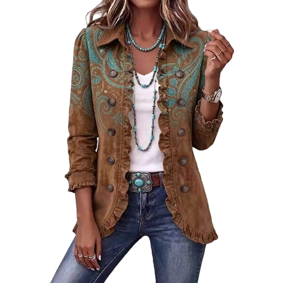 Womens Fall Jackets Vintage Paisley Print Long Sleeve Button Down Ruffle Trim Fashion Streetwear Outerwear Tops