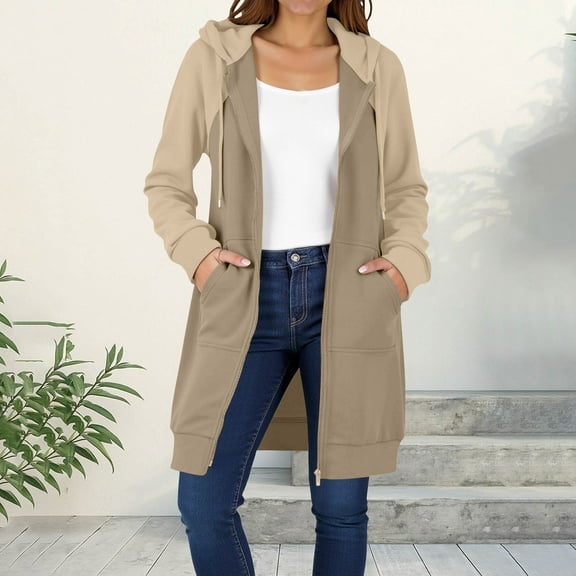 Womens Fall Jackets Womens Solid Color Coat Thickened Fleece Winter Color Matching Casual Zipper Long Sleeve Pocket Hooded Mid-length Sweater Lightweight Jacket Women Cute Cardigans for Women