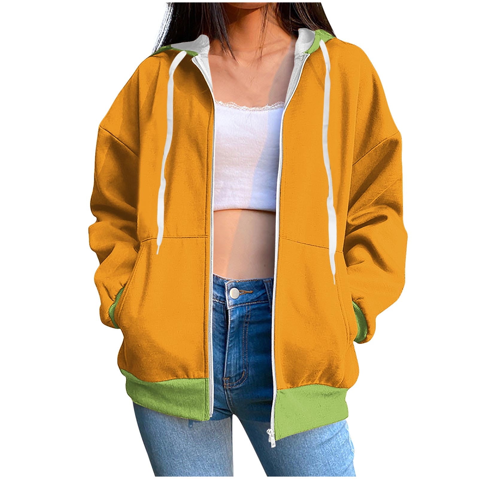パーカー・フーディ Golden Hooded Zip-Up Sweatshirt With Contrasting Zip Up Hoodie Womens Casual Full-zip Jacket Plain Hooded