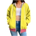 thumbnail image 1 of Womens Fall Jackets Zip Up Hoodie Outerwear Colorblock Drawstring Hooded Sweatshirt 2 Pockets Cotton Coat, M Yellow #1, 1 of 6