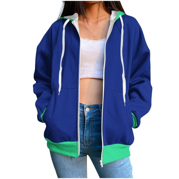Womens Fall Jackets Zip Up Hoodie Outerwear Colorblock Drawstring Hooded Sweatshirt 2 Pockets Cotton Coat, S Blue #2