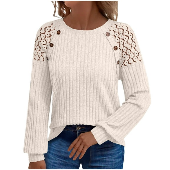 Womens Fall Knit Tunic Tops Casual Crew Neck Dressy Shirt Lace Patchwork Long Sleeve Blouses Pullover Elegant Lightweight Sweaters