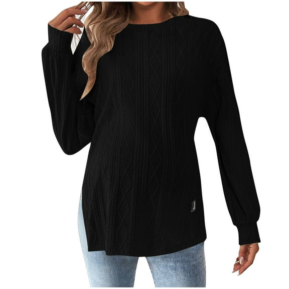 Womens Fall Knitted Ribbed Sweater, Long Sleeve Pullover for Women Fashion Loose Fit Solid Color Side Slit Crewneck Sweatshirts S-2XL