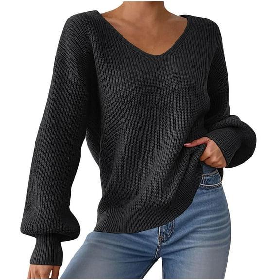 Womens Fall Knitted Sweater, Long Sleeve Pullover for Women Fall Casual Loose Fit Solid Color V Neck Sweaters Tops S-XL