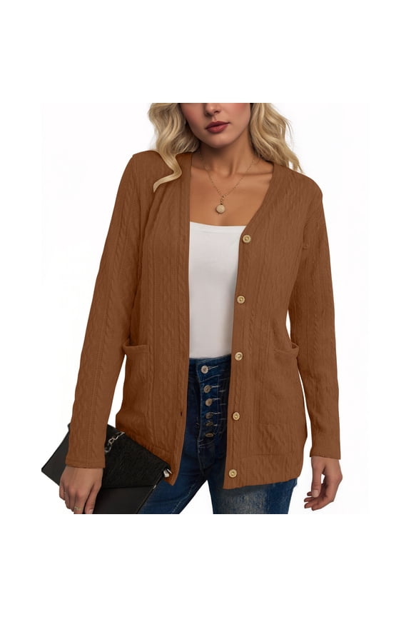 Womens Fall Lightweight Jacket Long Sleeve V Neck Button down Knitwear Open Front Soft Basic Knit Cardigan Sweater New Lightweight Jacket Women Brown XXL