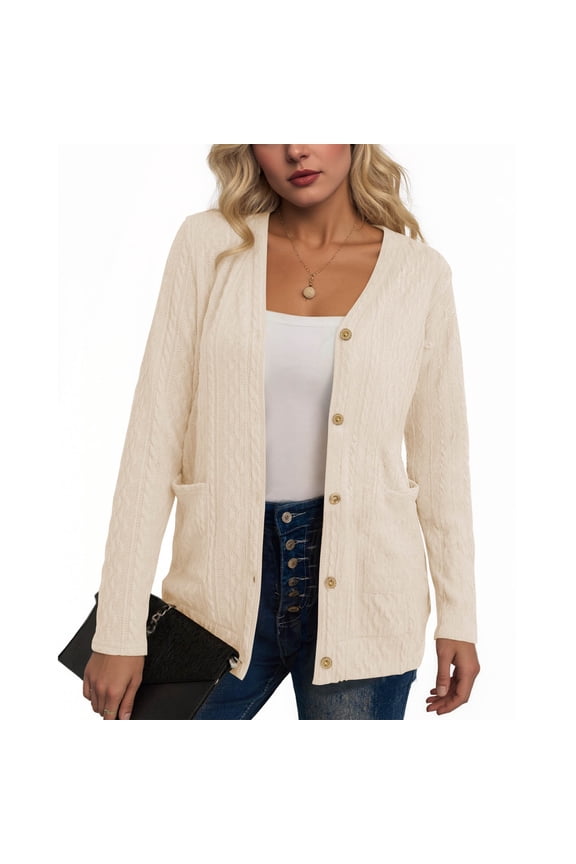 Womens Fall Lightweight Jacket Long Sleeve V Neck Button down Knitwear Open Front Soft Basic Knit Cardigan Sweater New Oversized Jacket for Women Beige L