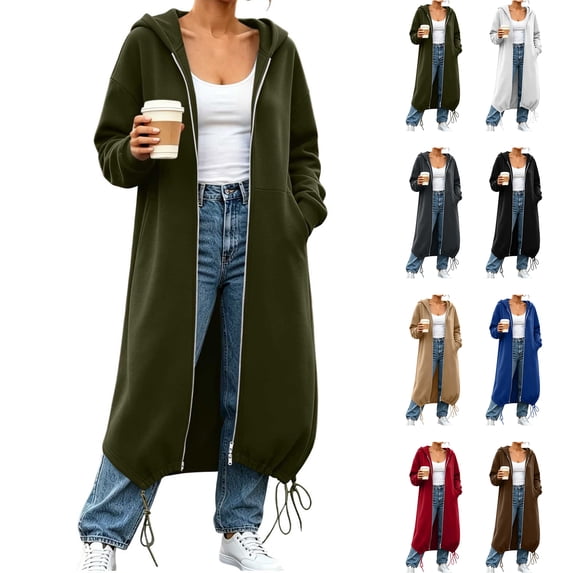 Womens Fall Long Coats Solid Color Hooded Zip Up Cardigan Oversized Drawstring Hem Maxi Hoodie Coat with Pockets XXL
