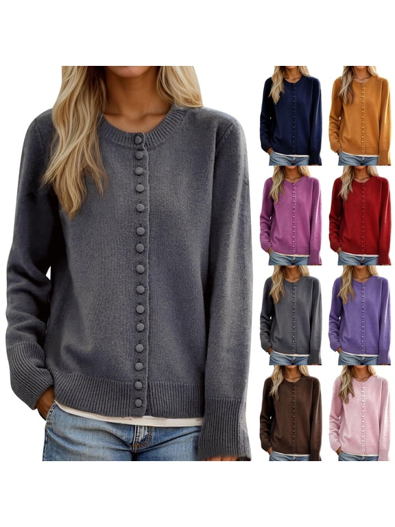 Womens Fall Long Sleeve Button Up Cardigan Sweater Business Casual Sweaters Soft Stretchy Travel Clothes