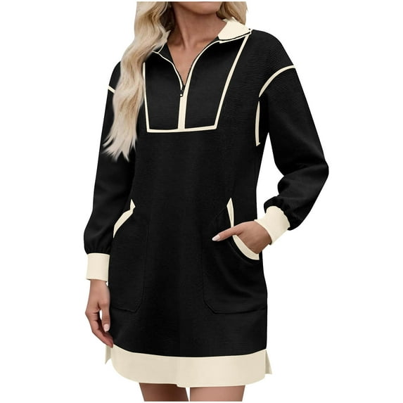 Womens Fall Long Sleeve Mini Dress Casual Half Zip Cap Sleeve Contrast Loose Sweatshirt Dresses with Pockets