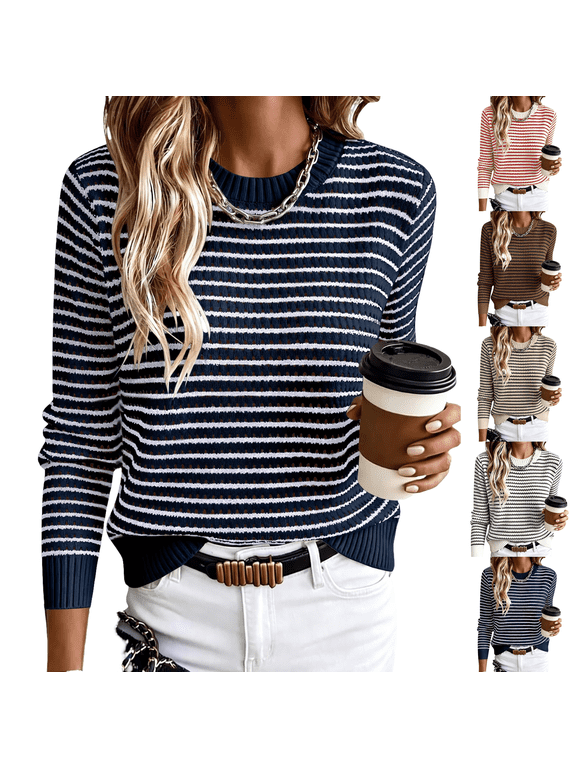 Womens Fall Long Sleeve Striped Crochet Sweaters Top Crew Neck Knit Pullover Comfy Soft Lightweight Clothes Casual Daily Wear Work Travel Vacation Spring Trendy Clothes