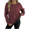 thumbnail image 1 of Womens Fall Long Sleeve Sweater Crew Neck Loose Fit Knit Fall Winter Pullover Sweaters Going Out Jumper Tops (L, Wine), 1 of 8