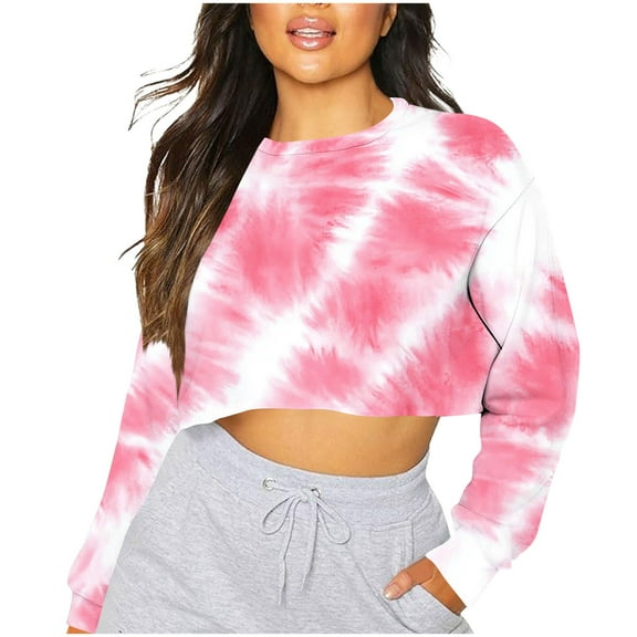 Womens Fall Long Sleeve T Shirts New Cropped Sweatshirts for Women Fashion Cute Pullover Long Sleeve Tie Dyed Comfy Trendy Casual Crew Neck Tops Pinky XXL