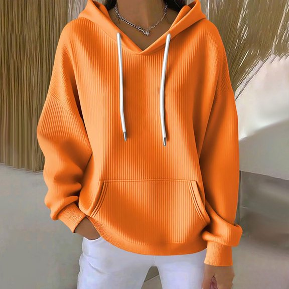 Womens Fall Long Sleeve T Shirts New Ladies' Fashionable Casual Solid Color Long Sleeved Pocket Hooded Groove Stripe Tops Hoodie Style B-67 Orange L