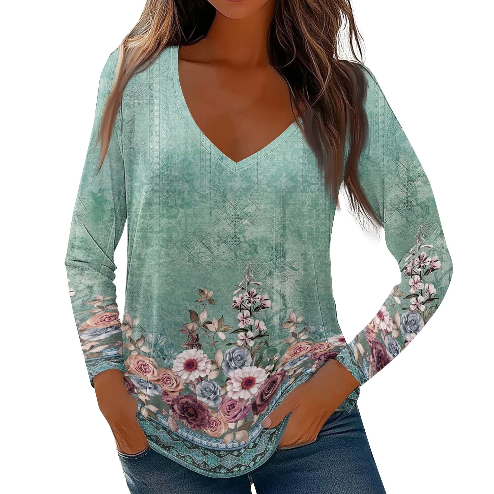 Womens Fall Long Sleeve Tops 2024 Trendy Floral Print Shirts VNeck