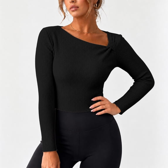 Womens Fall Long Sleeve Tops Asymmetrical Y2K Slim Fit Cropped Pullover Casual Basic Ribbed Knit Tops Going Out Fall Winter Outfits