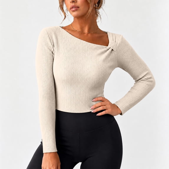 Womens Fall Long Sleeve Tops Asymmetrical Y2K Slim Fit Cropped Pullover Casual Basic Ribbed Knit Tops Going Out Fall Winter Outfits