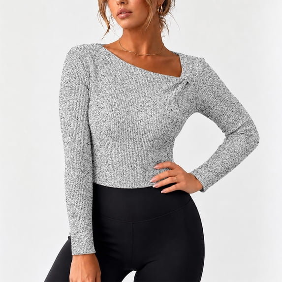 Womens Fall Long Sleeve Tops Asymmetrical Y2K Slim Fit Cropped Pullover Casual Basic Ribbed Knit Tops Going Out Fall Winter Outfits