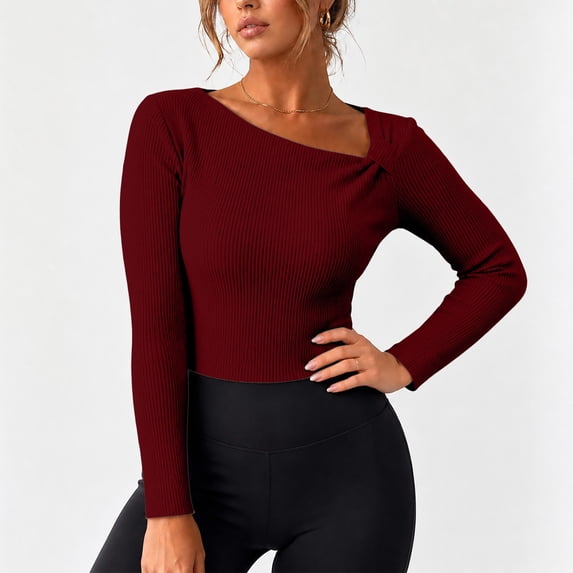 Womens Fall Long Sleeve Tops Asymmetrical Y2K Slim Fit Cropped Pullover Casual Basic Ribbed Knit Tops Going Out Fall Winter Outfits