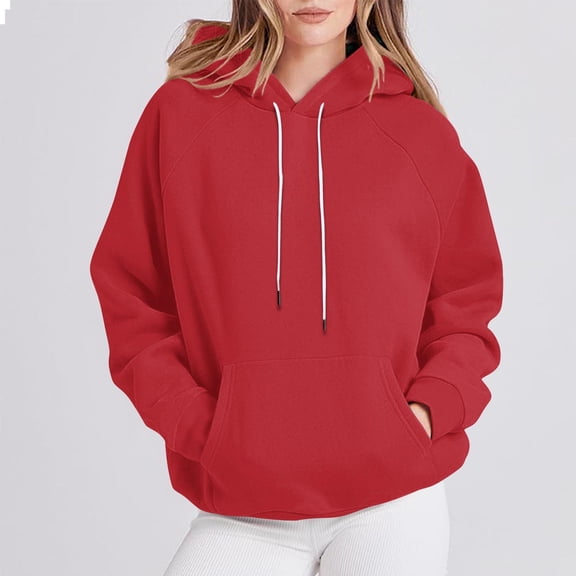 Womens Fall Long Sleeve Tops New Women's Fashion Solid T-Shirt Long Sleeves Drawstring Blouse Round Neck Casual Tops Hooded Sweatshirts Style B-48 Red L