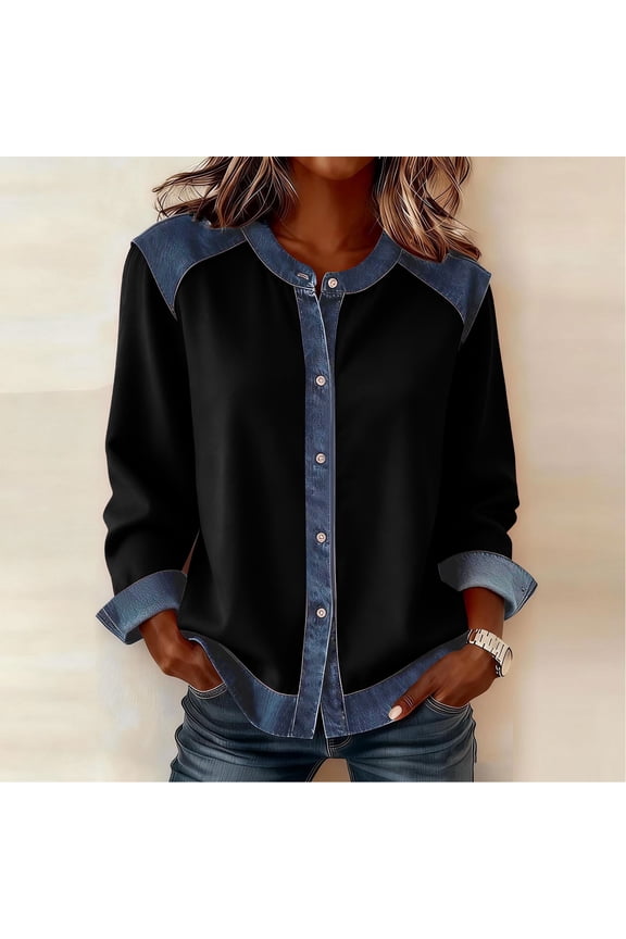 Womens Fall Long Sleeve Tops New Women's Solid Color Casual Long Sleeved Round Neck Denim Patchwork Button up Cardigan Jacket Tops Style B-42 Black S