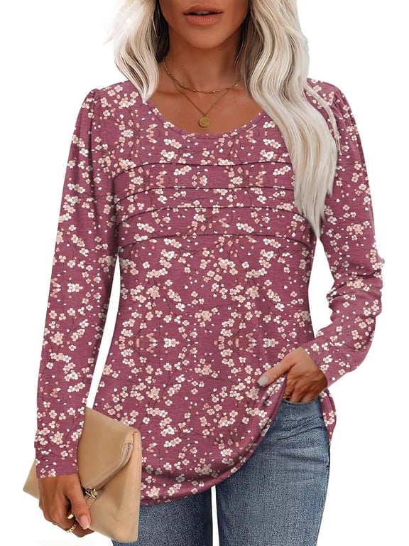 Womens Fall Long Sleeve Tunic Tops Basic Pullover Dressy Casual Shirts Fashion Pleated Business Blouses